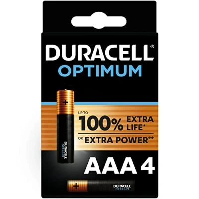 Image de Piles AAA Duracell Optimum (Lot de 4) Alcalines 1,5V Jusqu’à 100% Plus Longtemps ou Puissant Alimentez Vos appareils énergivores Recyclable, 0% Plastique LR03 MX2400