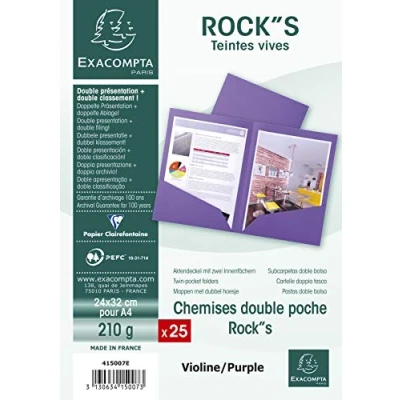 Image de Exacompta Réf. 415007E Paquet de 25 chemises double poche ROCK&#039;&#039;S 210 g/m² couleurs vives certifiées PEFC™ dimensions 24 x 32 cm pour documents format A4 couleur violine