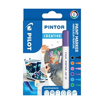 Image de PILOT Pochette de 6 Pintor Marqueurs Peinture Multi Supports à Base d’Eau, Séchage Rapide Textile, Verre, Bois, Pierre, DIY Couleurs Assorties Créatives Pointe Extra Fine