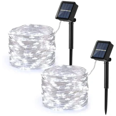 Image de PhilzOps [Lot de 2] Guirlande Lumineuse Exterieur Solaire, 12M 120 LED Fil Cuivre Lumière Solaire 8 Modes Étanche Noël pour Décoration Jardin Fête Mariage, Blanc Froid