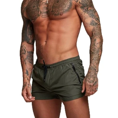 Image de TMEOG Maillot de Bain Homme Short Caleçon Piscine Plage Shorty Boxer Mayo pour avec Poche Zippée(L,Vert)