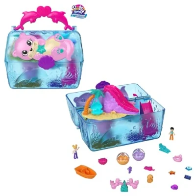Image de Polly Pocket Coffret Aventures À Sparkle Cove Adventure avec 2 Mini Figurines, Coffre Au Trésor De L’Île, 4 Animaux Et Accessoires Jouet Enfant, A Partir Ans, HPV40