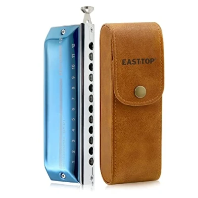 Image de Clé d&#039;harmonica chromatique East Top Upgrade de C, Harmonica professionnelle 12 trous 48 tons pour adultes, étudiants et amateurs avec couvercle bleu (EAP 12)