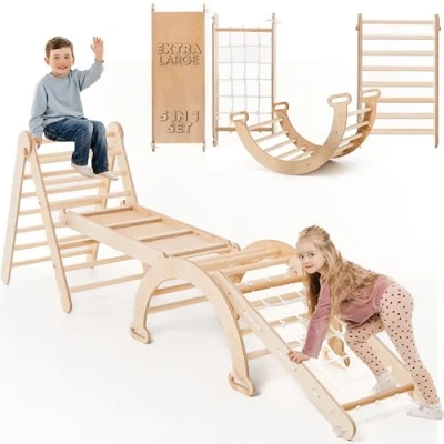 Image de 4 en 1 Cadre d&#039;escalade Intérieur pour Tout Petits Triangle Bois, Arc &amp; Rampe Filet, Montessori, Gym Bois Enfants, de à 5 Ans