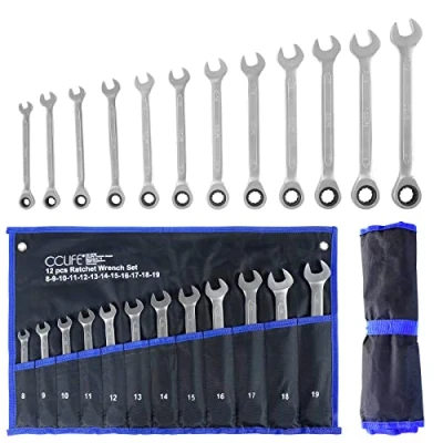 Image de CCLIFE Lot de clés à cliquet système métrique, 12 pièces 8 19mm Cr V 72 dents
