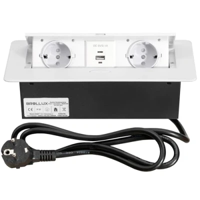 Image de BROLLUX Double prise encastrée escamotable avec USB et USBC Blanc ouverture douce en aluminium moulé sous pression Câble de raccordement 1,5 m