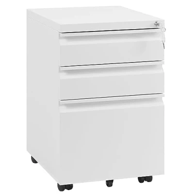 Image de WOLTU Caisson de Bureau Mobile, Meuble Rangement pour Dossiers Suspendus, sur roulettes, Armoire Documents avec 3 Tiroirs Verrouillables, en Métal,39 x 46 62cm, Blanc, ASK03ws