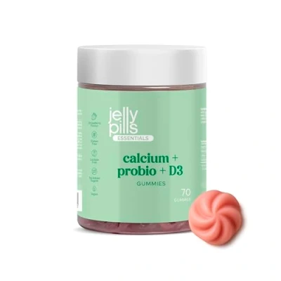 Image de Jelly Pills® Gummies 240 mg Calcium &amp; Probiotiques avec Vit D3 et K2 70 végétaliens aromatisés à la fraise pour les os, muscles dents 1 milliard d&#039;UFC Sans sucres ajoutés