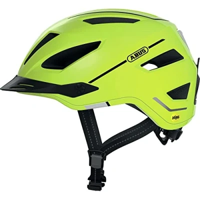 Image de ABUS Casque de ville Pedelec 2.0 MIPS vélo avec feu arrière, visière, capuche anti pluie et protection contre les chocs pour hommes femmes Jaune brillant, taille L