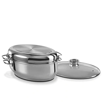 Image de GSW 411318 Plat à rôtir 3 en 1 ovale acier inoxydable 18/8, verre 8,5 l Argenté 38 cm