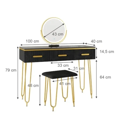 Image de Vicco Coiffeuse Layla, Noir Haute Brillance, 100 cm avec Miroir LED et Tabouret