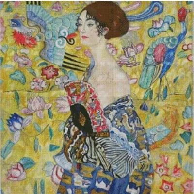 Image de Kit de broderie au point croix en coton compté Motif femme avec éventail 100 % 300 x points 54 cm