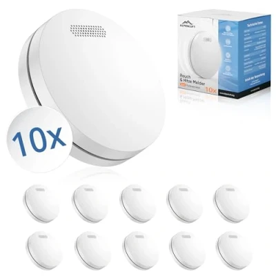 Image de ALPENLUFT Détecteur de fumée &amp; Chaleur 2en1, 10 Ans Batterie, Alarme Incendie fumee, detecteur, detecteur Incendie, sans perçage, securite Pas LED (Set 10)