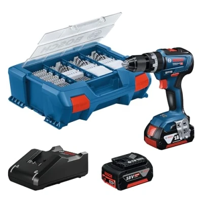 Image de Bosch Professional 18V System perceuse visseuse à percussion sans fil GSB 55 (couple maxi Nm, tr/min, 2 batteries 4,0 Ah, chargeur GAL 20, set d’accessoires 82 pièces, L Case Pick &amp; Click)