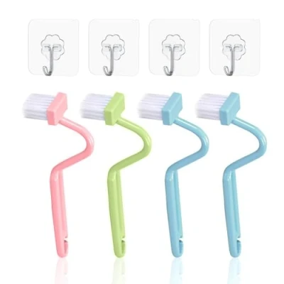 Image de Lot de 4 brosses nettoyage pour siège toilette, brosse WC avec nettoyeur bords, petite WC, fendue, incurvée (multicolore)