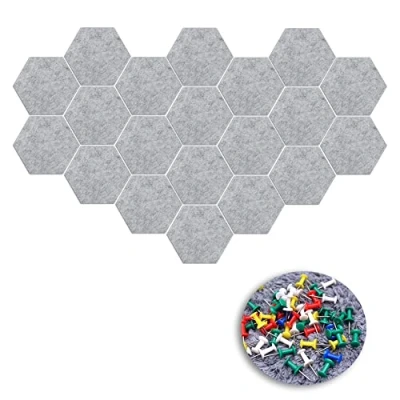 Image de 20 Pièces 14 x 12 cm Panneau de Liège Hexagonal, Tableau d&#039;affichage Feutre Hex Auto adhésif, en Mural avec épingles pour la Maison Bureau Classe Décor Mur (Gris)