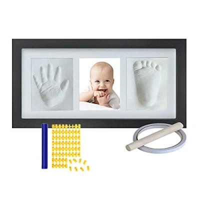 Image de Aqsacokiya Kit Empreinte Bebe, Pieds et Mains Bébé, Cadre Empreintes Bébé Nouveau né Garcon &amp; Filles Argile Blanche, Photo en Bois pour Liste de Naissance (Noir)