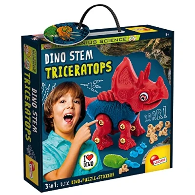 Image de Liscianigiochi I&#039;m A Genius Science Dinosaure Assembler Triceratops Jeu de Construction Puzzles Et Stickers Inclus Educatif Scientifique Pour Enfants à partir 5 ans