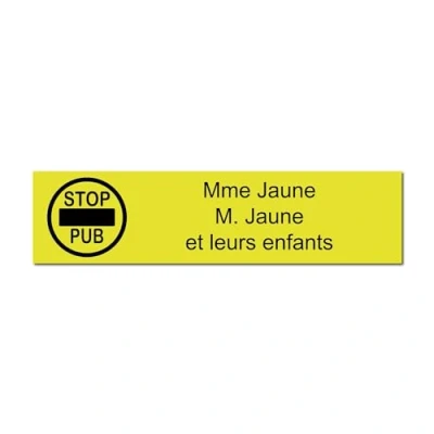 Image de Plaque gravée pour nom boîte aux lettres STOP PUB autocollante 10x2,5cm personnalisée 1 à 3 lignes Jaune