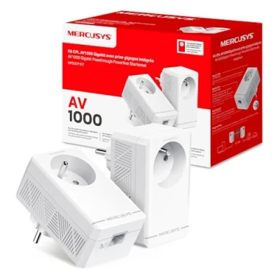 Image de Mercusys MP500P Kit CPL 1000Mbps avec 1 Port Gigabit et Prise Intégrée Type F, Boitier de 2 idéale pour Profiter du Service Multi TV à la Maison, Compatible Toutes Les Box