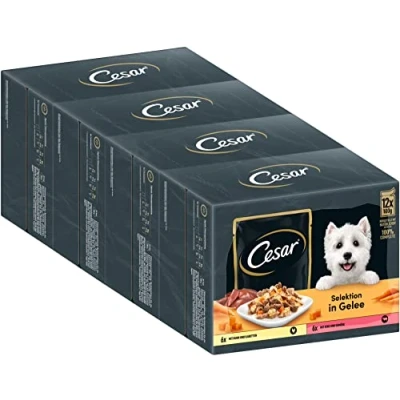 Image de Cesar Nourriture Humide pour Chien Adulte Sélection en gelée, 48 sachets de 12 x 100 g (Lot 4) équilibrée qualité supérieure Chien, avec Poulet et bœuf