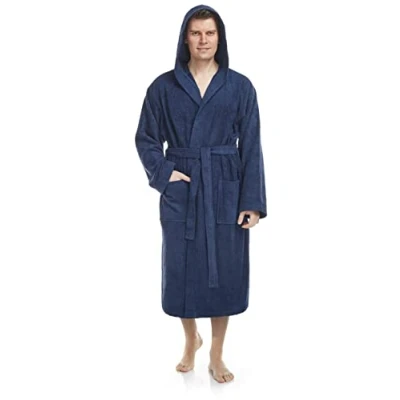 Image de Arus Pacific Peignoir de Bain homme, à capuche, Longueur mollet, en éponge, doux et léger,100% Coton, bleu marine, taille homme: L, unisexe: L XL