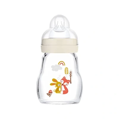 Image de MAM Feel Good Biberon en Verre (170 ML), Bouteille de Lait avec Large Ouverture, Gourde Solide pour bébé tétine Taille 1, dès la Naissance, Lapin/Renard