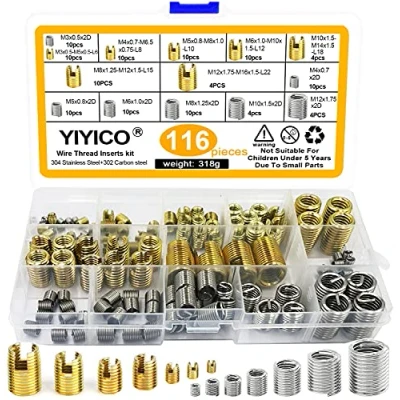 Image de YIYICO Filets Rapportés M3 M4 M5 M6 M8 M10 M12 Inserts Autotaraudeur Combiné Kit 116pcs pour Reparation Filetage