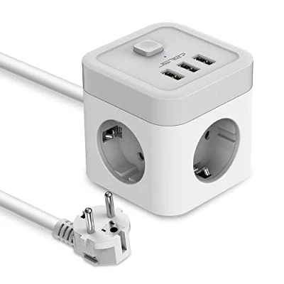 Image de JSVER Cube Multiprise USB,Bloc 3 Prises avec Ports USB Chargeur (15,5W) Prise Multi 3680W 16A Interrupteur Cable 1,5m pour Smartphone Tablette