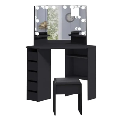 Image de Panana coiffeuse d&#039;angle avec lumière LED, 5 tiroirs et tabouret, table de maquillage pour meubles maison (ampoule noire)