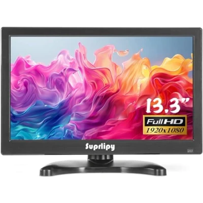 Image de Suprlipy 13,3 Pouces FHD Petit Moniteur IPS Écran d&#039;affichage LCD 1920x1080 60 Hz 16:9 avec entrée BNC VGA AV Haut parleurs intégrés pour caméra de sécurité CCTV DVR PC RasPi