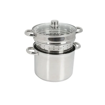 Image de Crealys 504626, Cuit pâtes Olympe 8 litres Inox, diam. 24 cm couvercle en verre et panier à / légumes tous feux dont induction, Gris