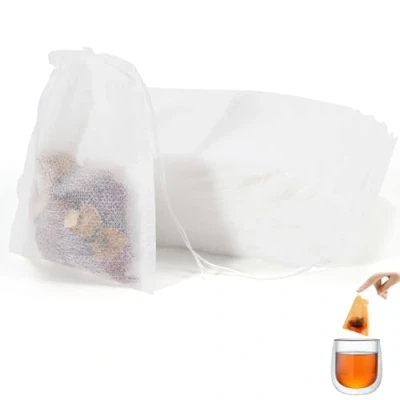 Image de 100 sachet the a remplir jetable avec cordon de serrage 7 x 9 cm, sachets thé, infuseur filtre à pour thé en vrac vrac, épices, café (Blanc)