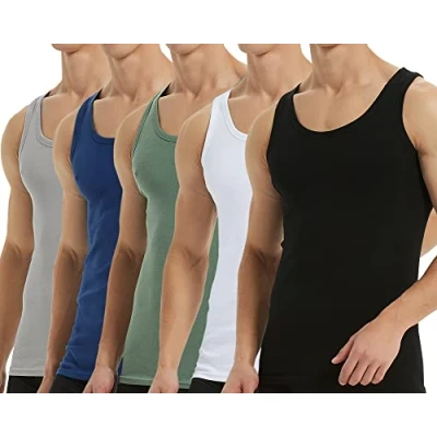 Image de Falechay Débardeur Homme Lot de 5 Maillot Corps 100% Coton Musculation Sport Noir Blanc Gris Bleu Vert 4XL