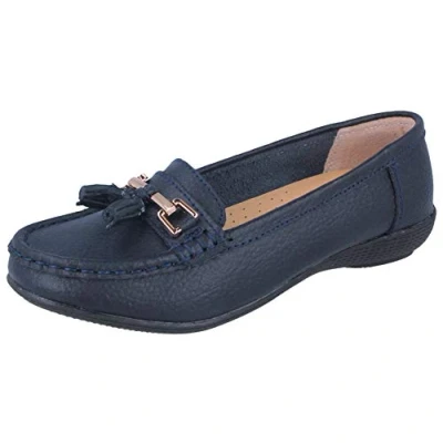 Image de JO &amp; Joe, Mocassins pour Femme en Cuir avec Semelle à Talon légèrement compensé, Style décontracté, Confortable, Chaussures de Travail,Bleu Marine,37 EU / 4 UK