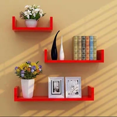 Image de YokiMa Étagères murales en Bois Rustique pour Mur, étagères flottantes Forme de U, Ensemble 3 Rangement murales, Chambre à Coucher,Rouge