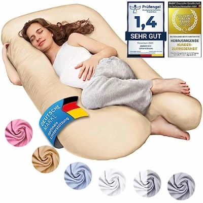 Image de SMOOTHY oreillers de Grossesse, latéraux, positionnement, pour bébé et d&#039;allaitement en Forme U Housse 100% Coton (Classic XXL, 150 x 80 cm, Beige)
