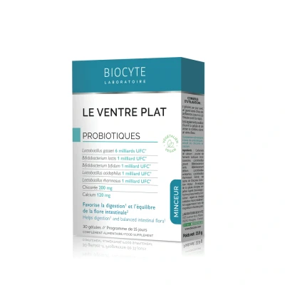 Image de BIOCYTE Le Ventre Plat Complément Alimentaire Minceur Double Action Favorise la digestion, Equilibre Flore Intestinale Probiotiques 5 souches 30 gélules Programme de 15 Jours Végétarien