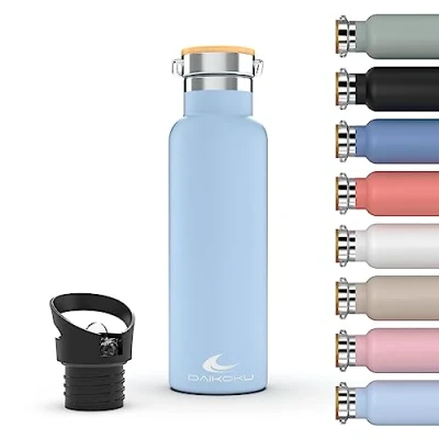 Image de Daikoku Bouteille, Bouteille Thermique en Acier Inoxydable à Double Paroi, Thermos Maintient les Boissons Froides ou Chaudes Pendant des Heures, Deux Bouchons, Bleu Céleste, 750 ML