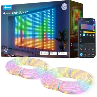 Image de Govee Curtain Lights 3 x 2 m, Rideau LED Intelligent avec GIF DIY, 1040 RGBIC LEDs, Décoration Dynamique Intelligente, IP65 Max Etanche, Compatible Alexa, de Fête, (1,5 m)