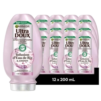 Image de [LOT de 12] Garnier Ultra Doux Après Shampooing Lissant Douceur &amp; Brillance à l&#039;Infusion d&#039;Eau Riz Cheveux Rebelles et Indisciplinés 200 ml