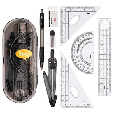 Image de 8 pièces Kit de Geometrie, Compas Scolaire Ensemble Outil Géométrie Comprenant Regle Equerre Rapporteur Porte mines Recharges Gomme, Dessiner avec un Enfant Boite Ecole Fournitures