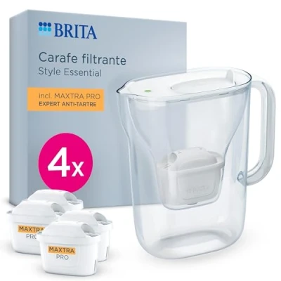 Image de BRITA Carafe filtrante Style Essential blanche (2,4 L) avec 4 x Maxtra Pro Expert Anti Tartre Compatible la porte du réfrigérateur, indicateur LED, filtre le calcaire, et bien plus encore
