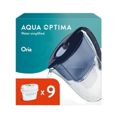 Image de Aqua Optima Oria Carafe Filtrante et 9 Cartouches Filtrantes Evolve+ 30 Jours, Capacité 2,8 litres, Pour la Réduction des Microplastiques, du Chlore, Calcaire Impuretés, Bleu, One Size