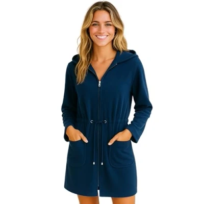Image de Morgenstern Sortie de Bain Femme avec Fermeture éclair, Ceinture et Capuche, Taille Large, Couleur Bleu Marin