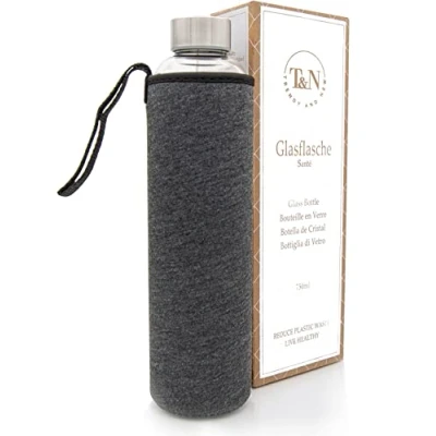 Image de T&amp;N Bouteille En verre de 750ml Gourde 0,75l avec housse néoprène d&#039;eau anti fuite borosilicate plus épais pour boissons gazeuses Utilisation comme carafe