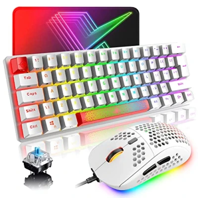 Image de Clavier de jeu mécanique britannique RVB 14 effets rétroéclairage Mini 62 touches filaire type C + souris légère 6400 DPI en nid d&#039;abeille tapis compatible avec PS4, Xbox, PC,