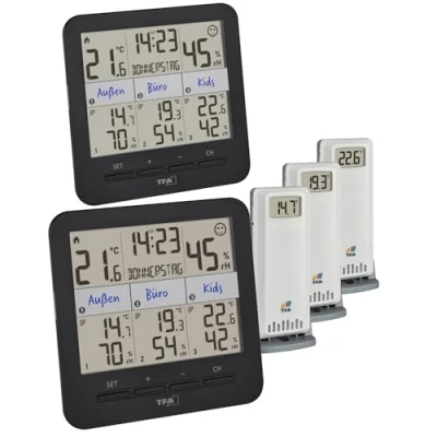 Image de TFA Dostmann Klima@Home2 Plus, 30.3075.01.99, 2 écrans, thermo hygromètre avec 3 émetteurs, température/humidité dans les espaces de vie et travail, indication du point rosée pour éviter