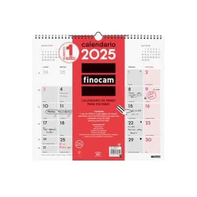 Image de Finocam Calendrier mural neutre pour écrire 2025 mois vue janvier décembre (12 mois) espagnol