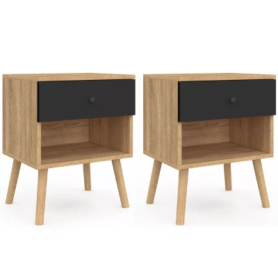 Image de Lot de 2 tables chevet EMMIE scandinaves 1 tiroir avec niche hêtre et noir